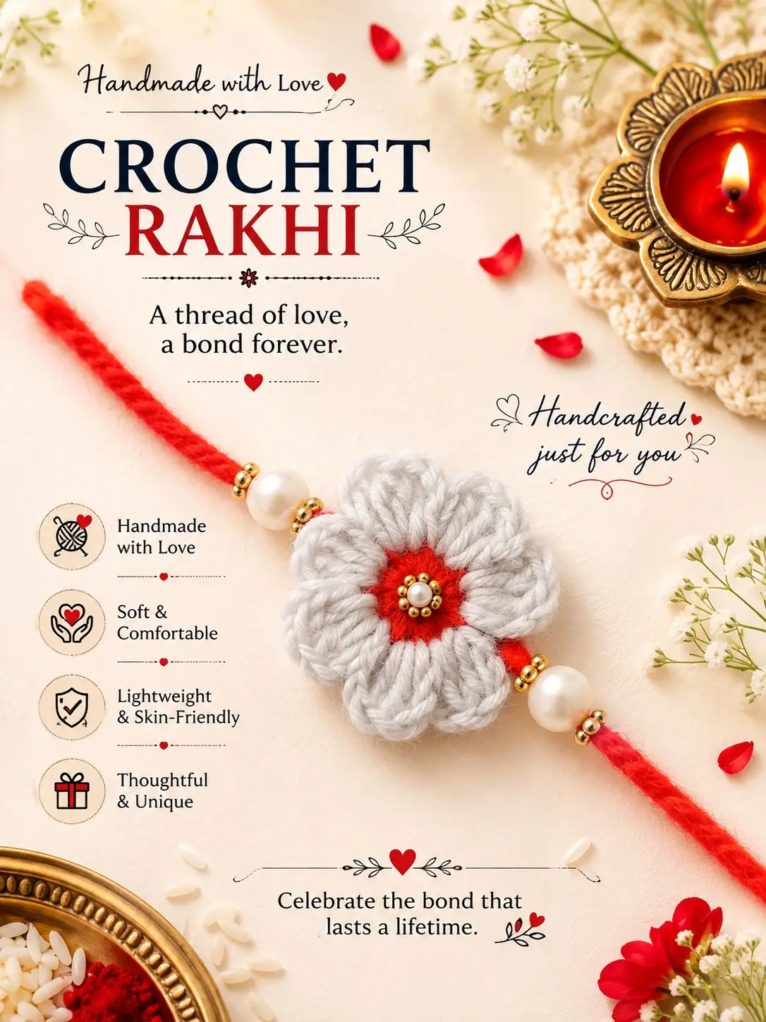 Crochet Rakhi (White and Organe)