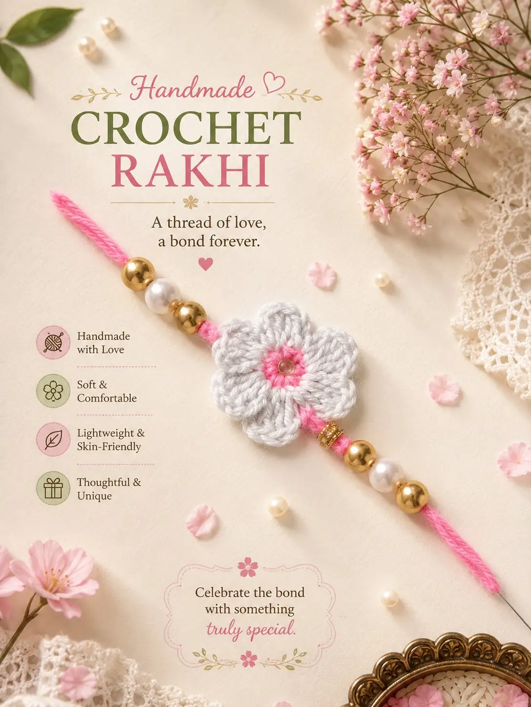 Crochet Rakhi (White and Pink)