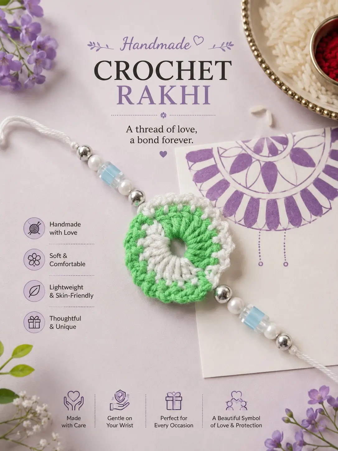 Crochet Rakhi (White and Green)