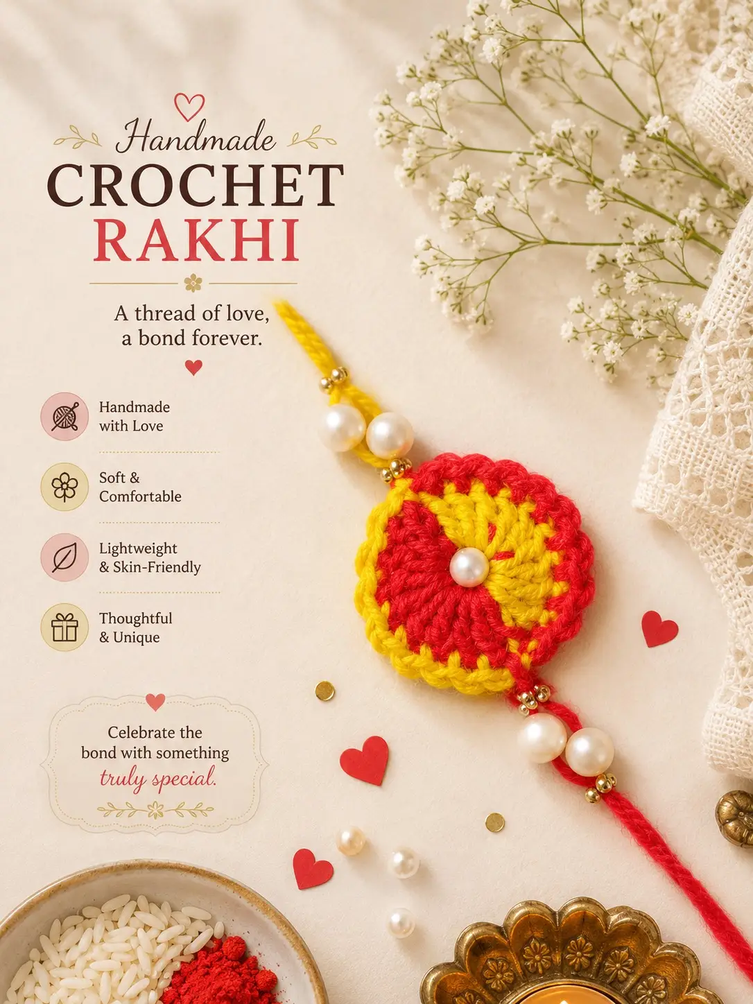 Crochet Rakhi (Yellow and Red)