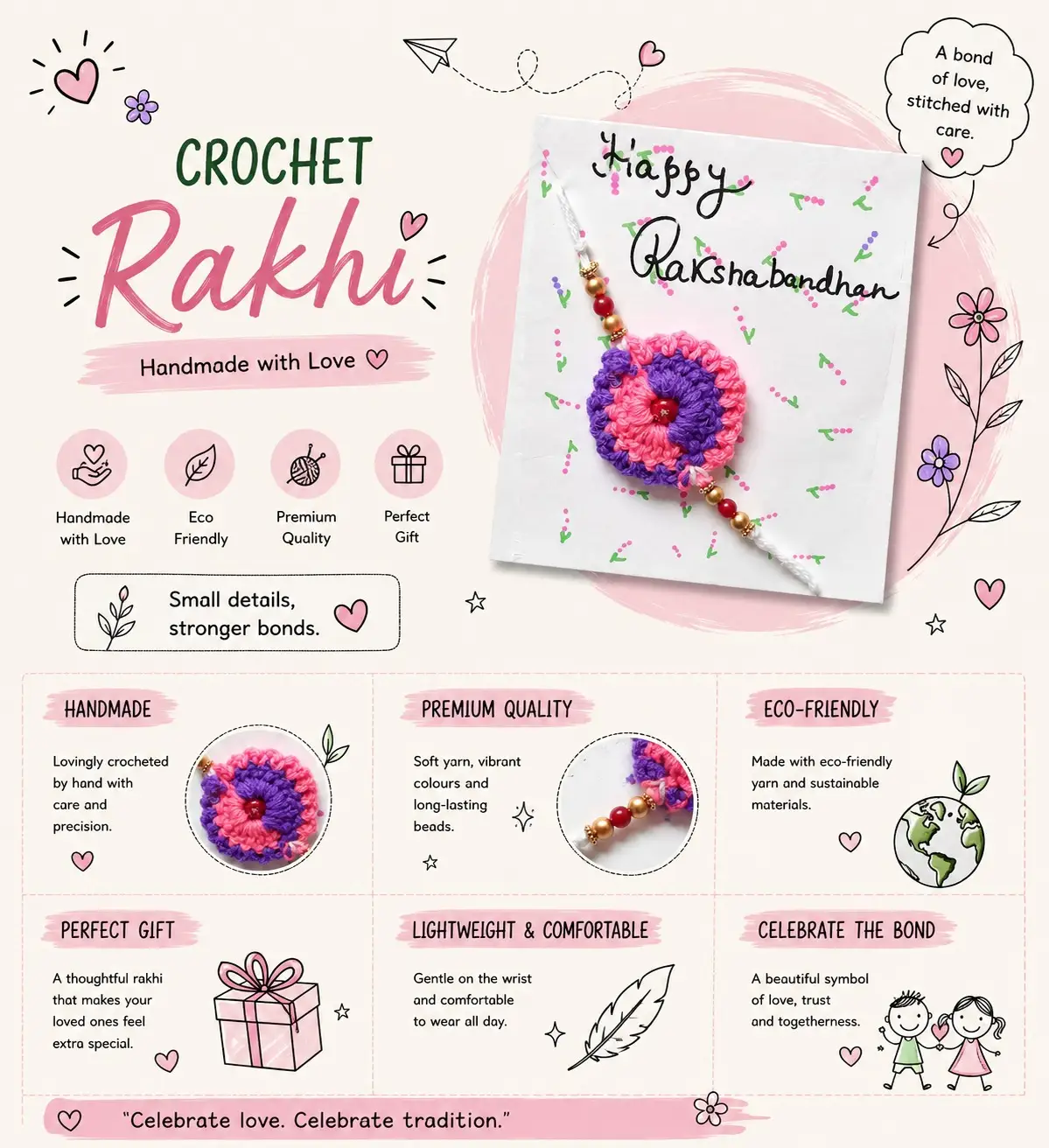 Crochet Rakhi (Pink and Purple)