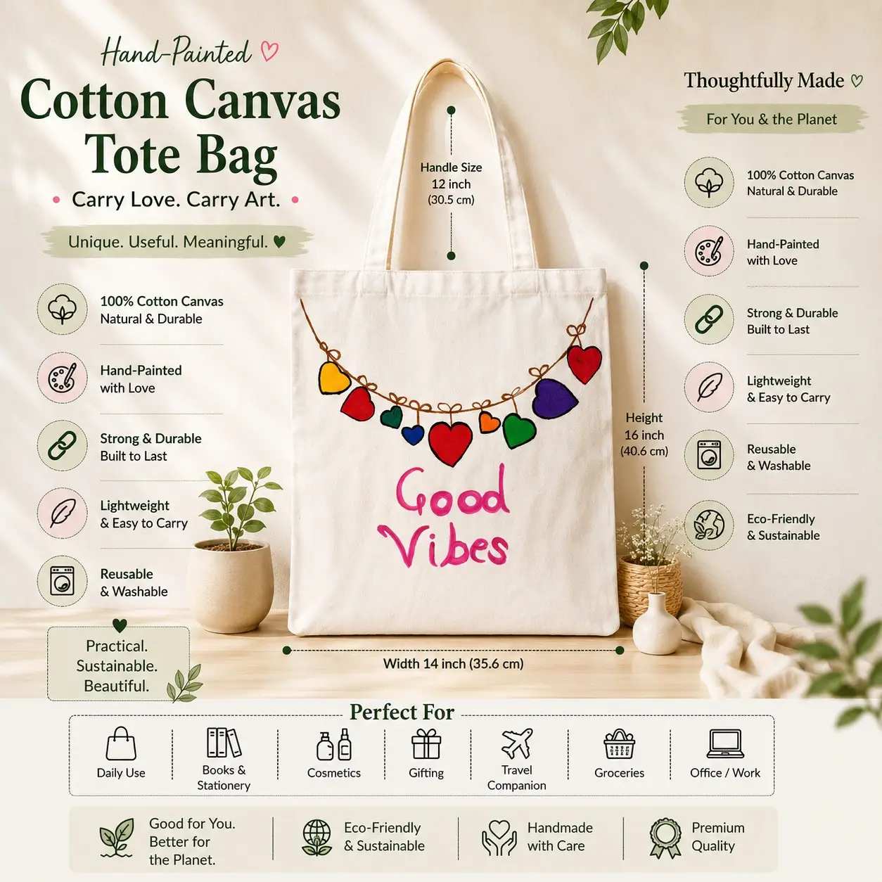 Hand Painted Tote Bag (Good Vibes)