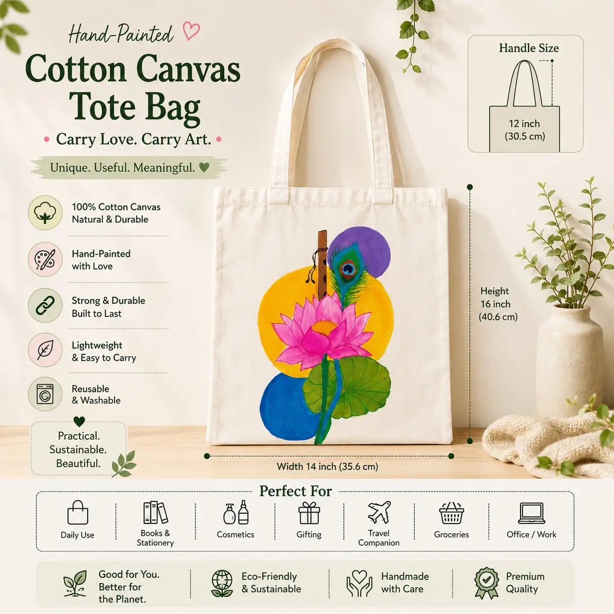 Hand Painted Cotton Bag (Lotus and Flute)
