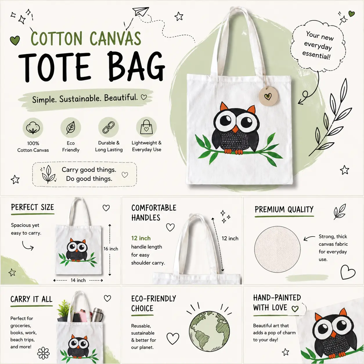 Hand painted Tote Bag (Owl)