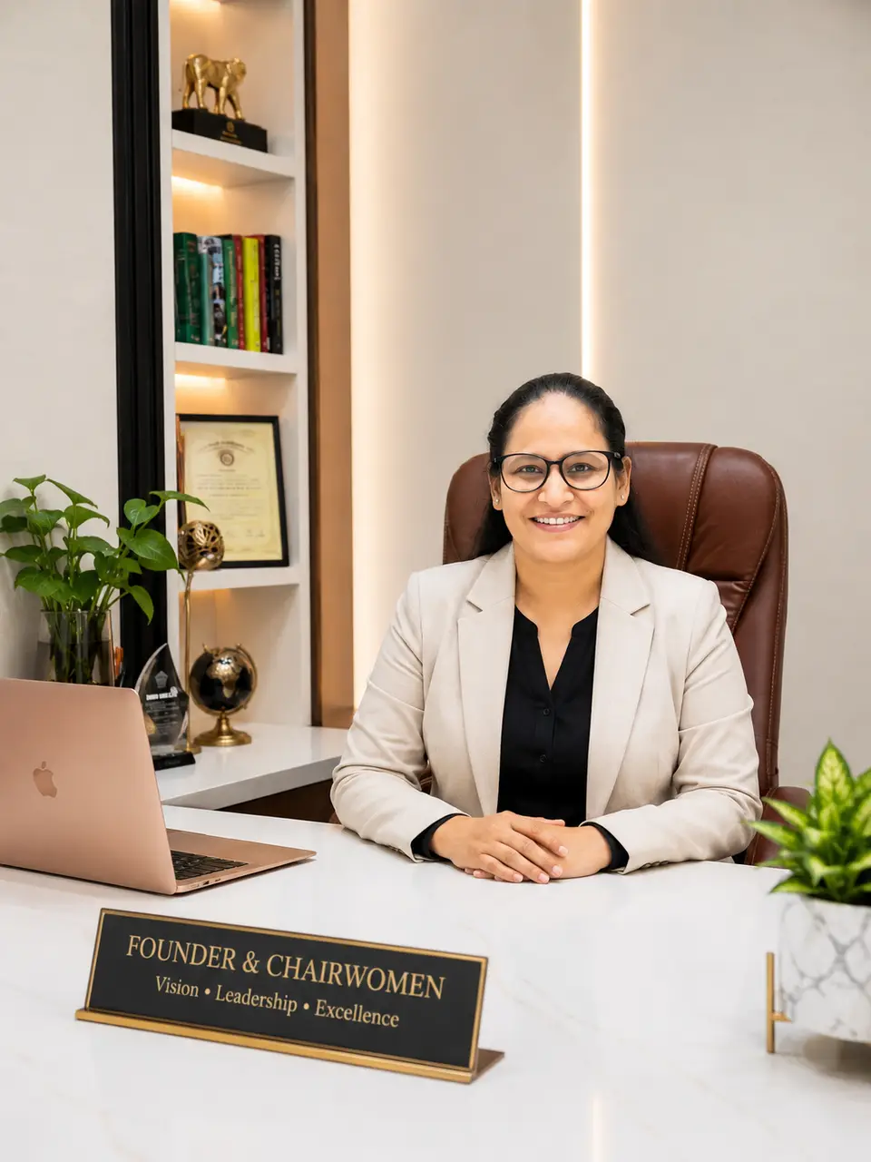 Dr. Archana Naithani, Founder and Chairwoman of Ecoensa, seated at her desk