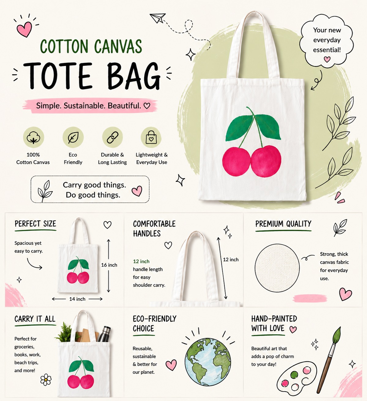 Hand Painted Tote Bag (Cherry)