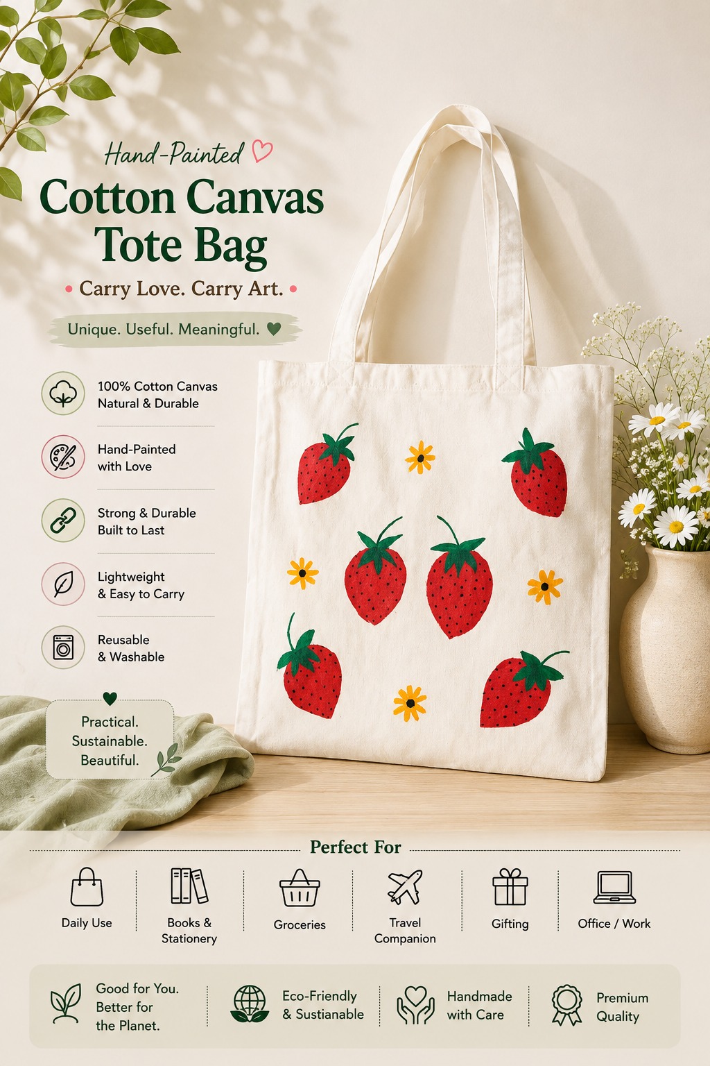 Tote Bag Hand Painted (Strawberry)